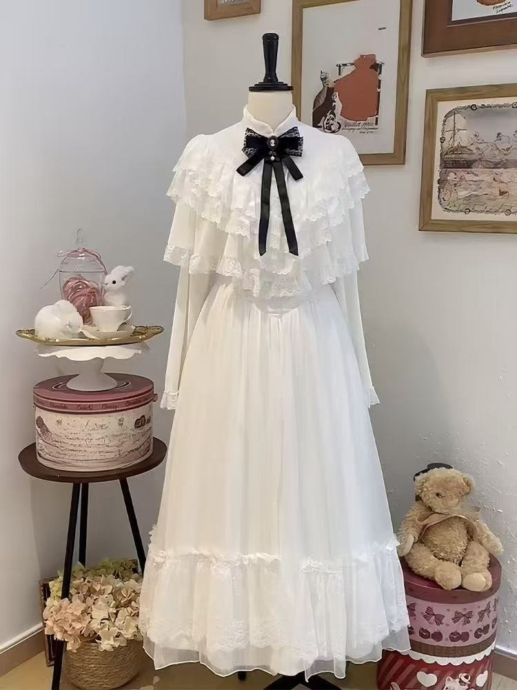 Female Formal Wear - Japanese Short Sleeve Bow Lace Dress