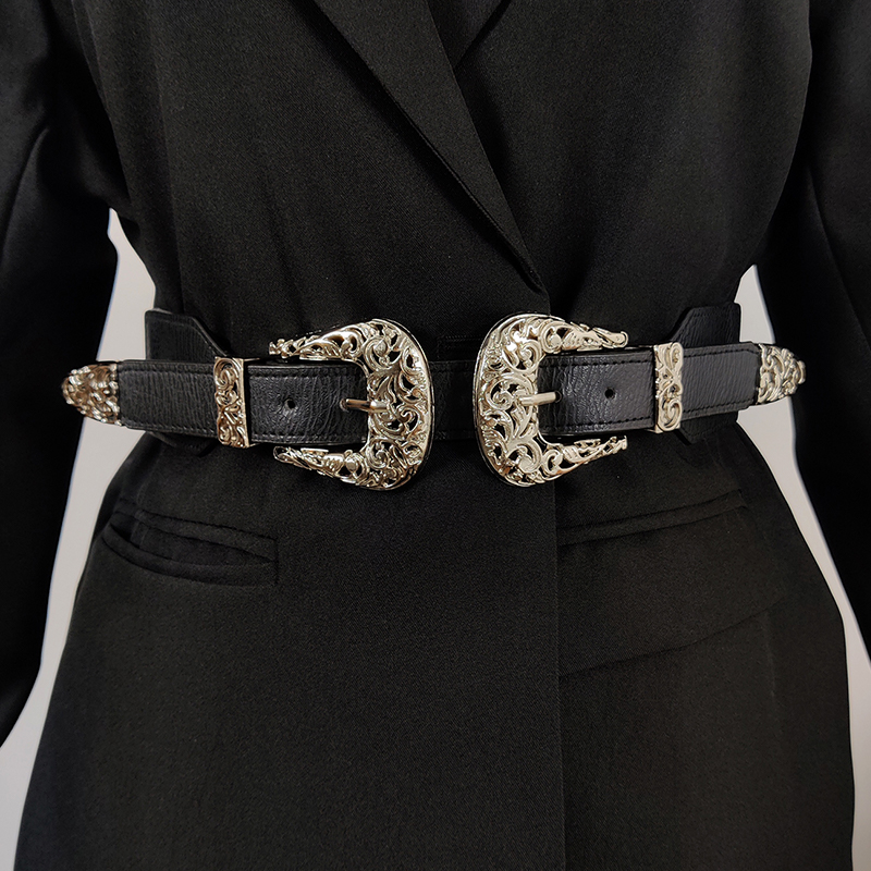 Women Formal Wear Western - Vintage Silver Filigree Double Buckle Elastic
