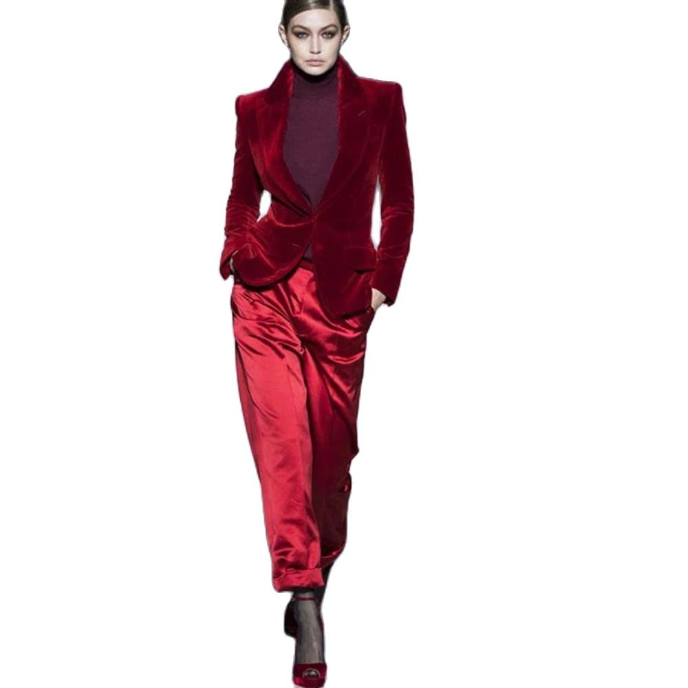 Women Formal Wear Outfits - Women Pant Suits Wine Red Velvet