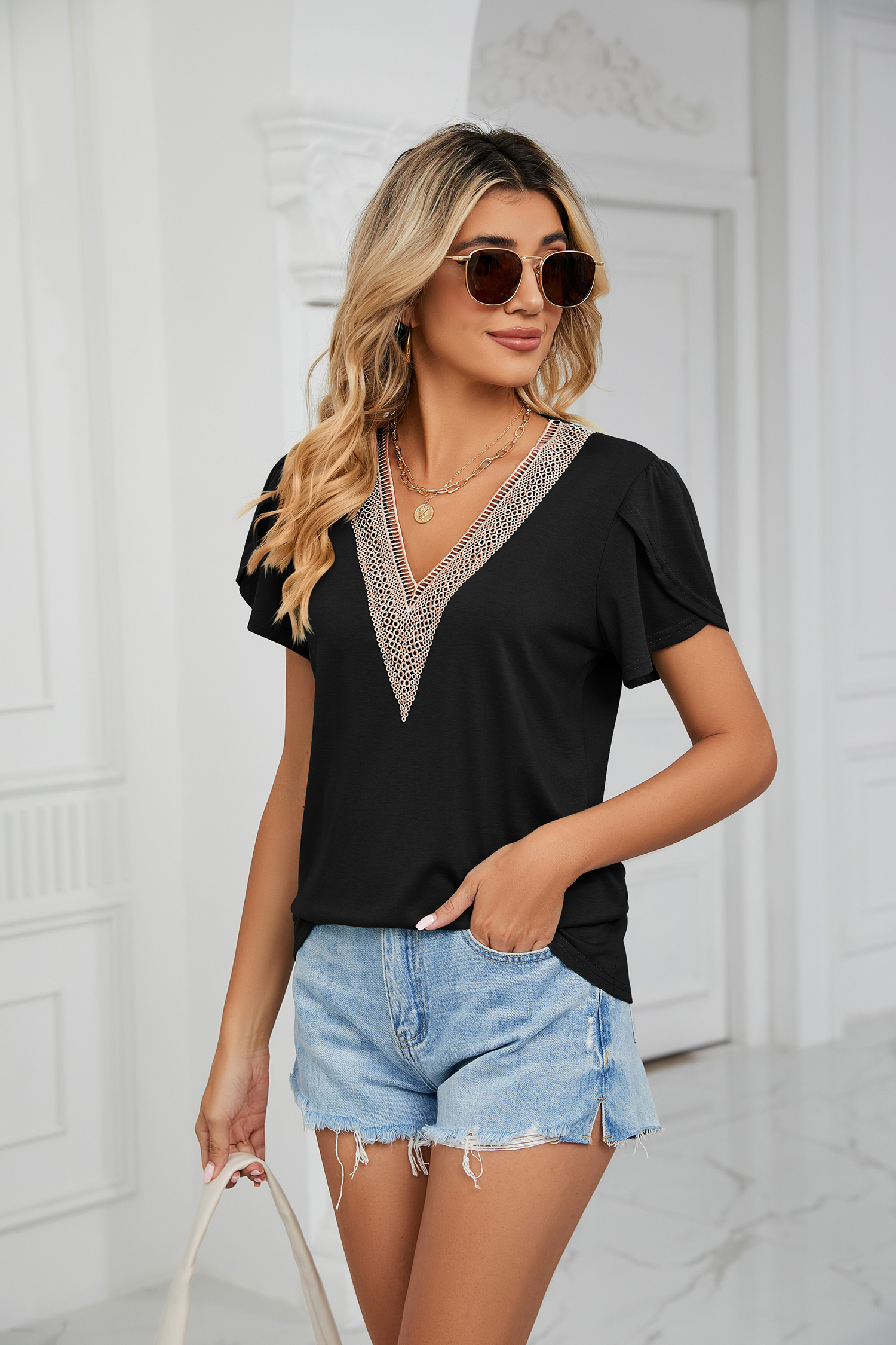 Women's V Neck Lace Trim T Shi - огляд і ціна Women Formal Blouses For Evening Wear
