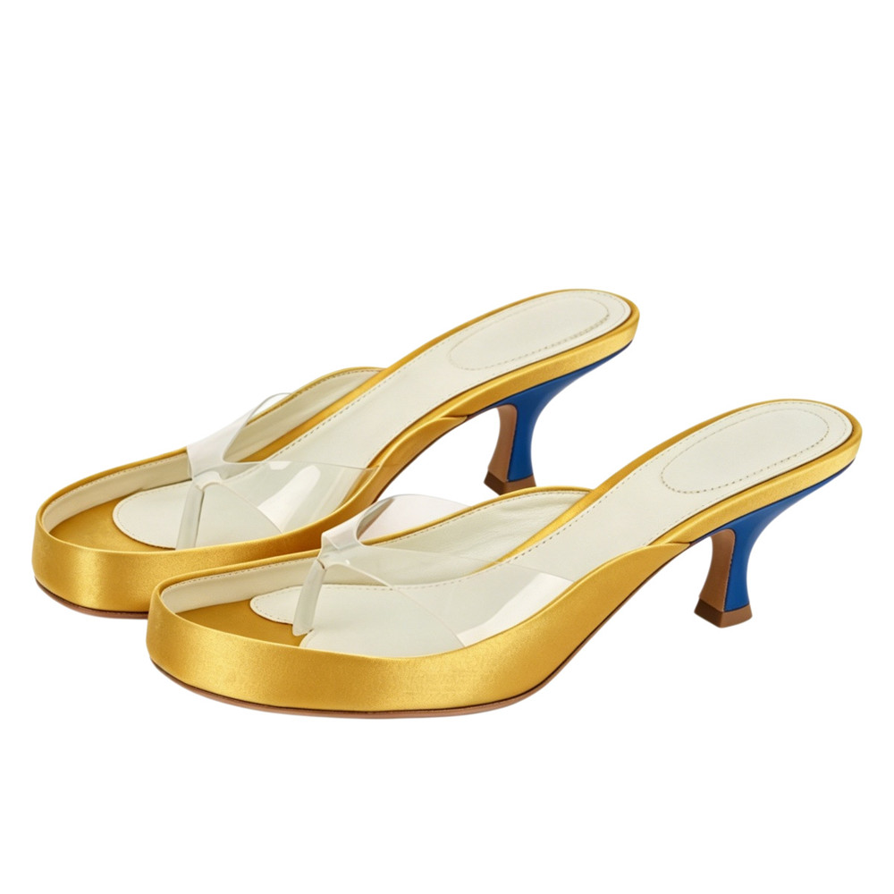 Women Gold Satin Thong Mules C - огляд і ціна Kitten Heel Women